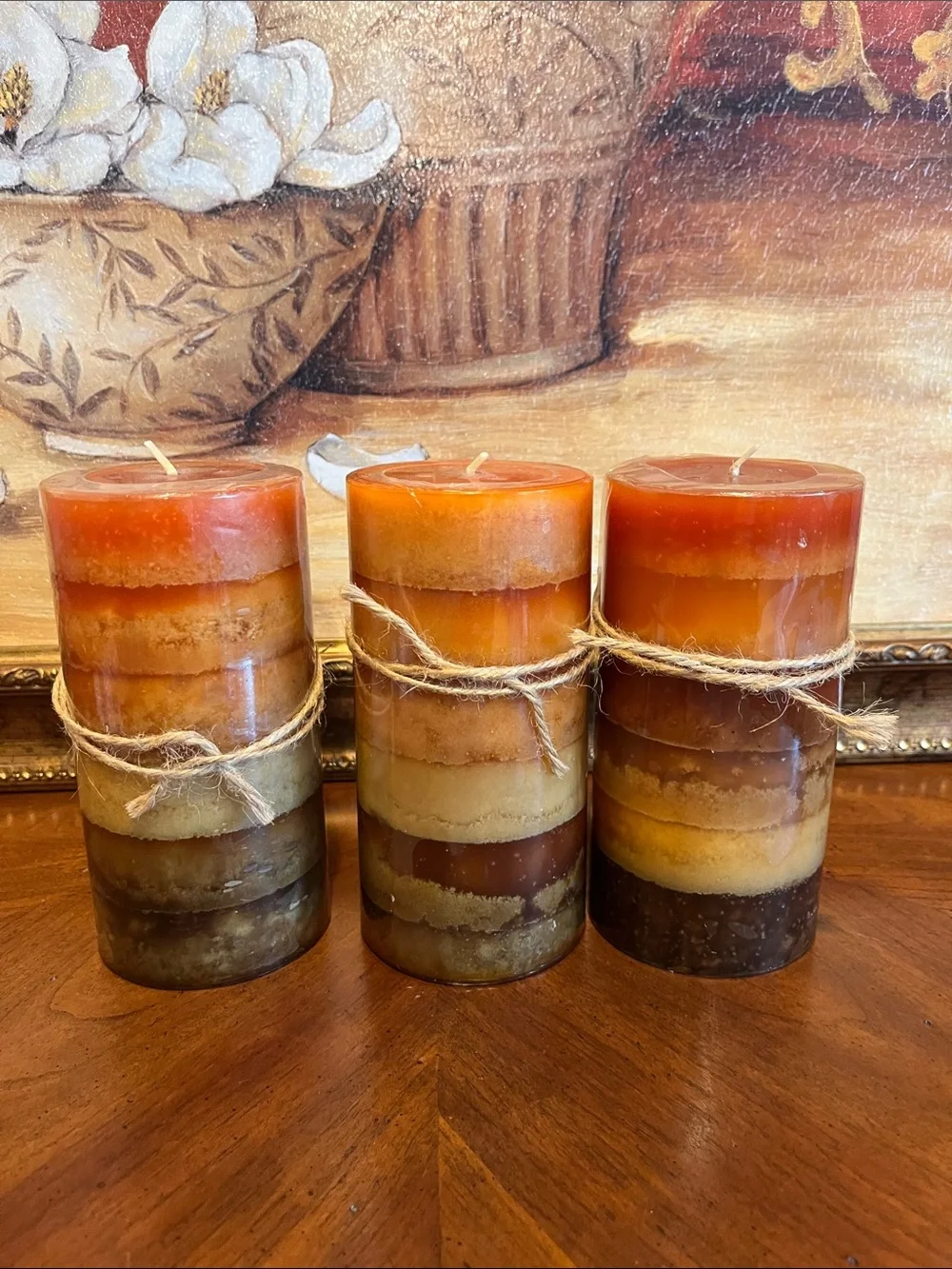 🆕 Set of 3 Decorative Scented Rustic Pillar Candles “Harmony” Multi Color Wax